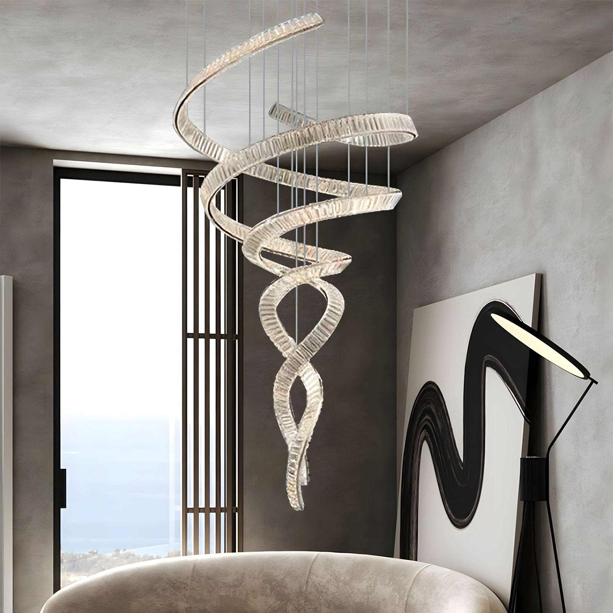 HELIX - ZENDUCE - Dia 31.5″ x H 90.1″ / Dia 80cm x H 230cm / Stainless steel & Clear crystal / Warm Light
