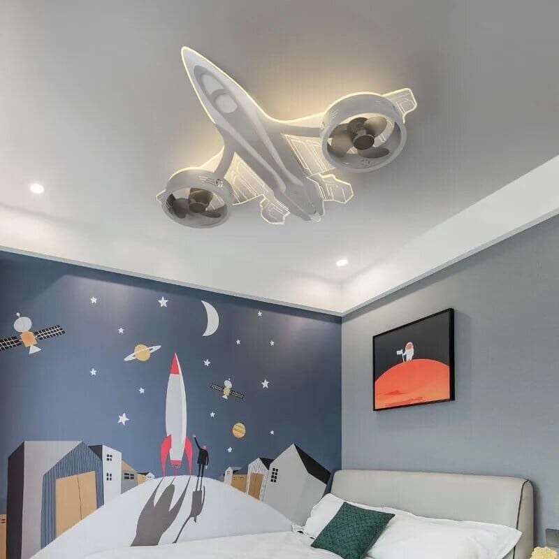 Airplane Ceiling Light with Fan for Kids Room - Light Grey - ZENDUCE - Warm White Light without Remote