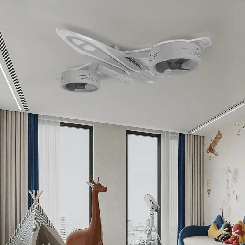 Airplane Ceiling Light with Fan for Kids Room - Light Grey - ZENDUCE - Warm White Light without Remote