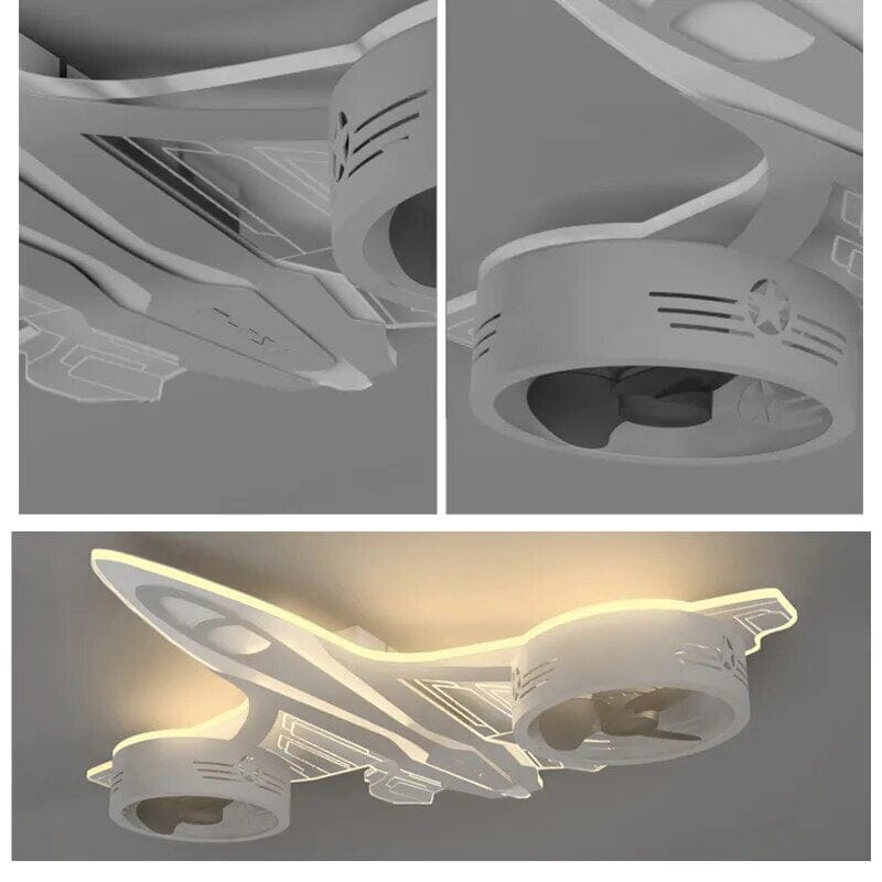 Airplane Ceiling Light with Fan for Kids Room - Light Grey - ZENDUCE - Warm White Light without Remote