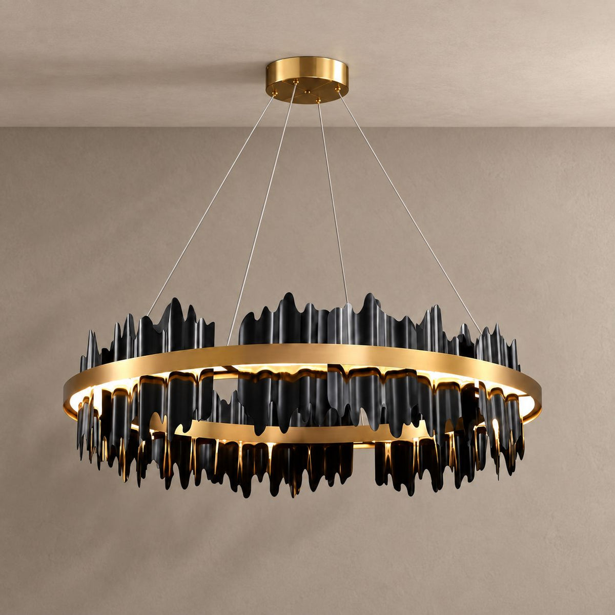 CRYPTIC chandelier with natural ceiling shadows against a mushroom taupe background