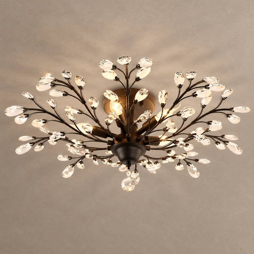 IRIS dark floral crystal ceiling light on mushroom taupe plaster with soft natural shadows