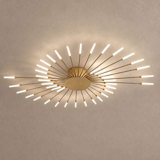 SPARKLER gold sunburst ceiling light with slim illuminated rods on mushroom taupe plaster