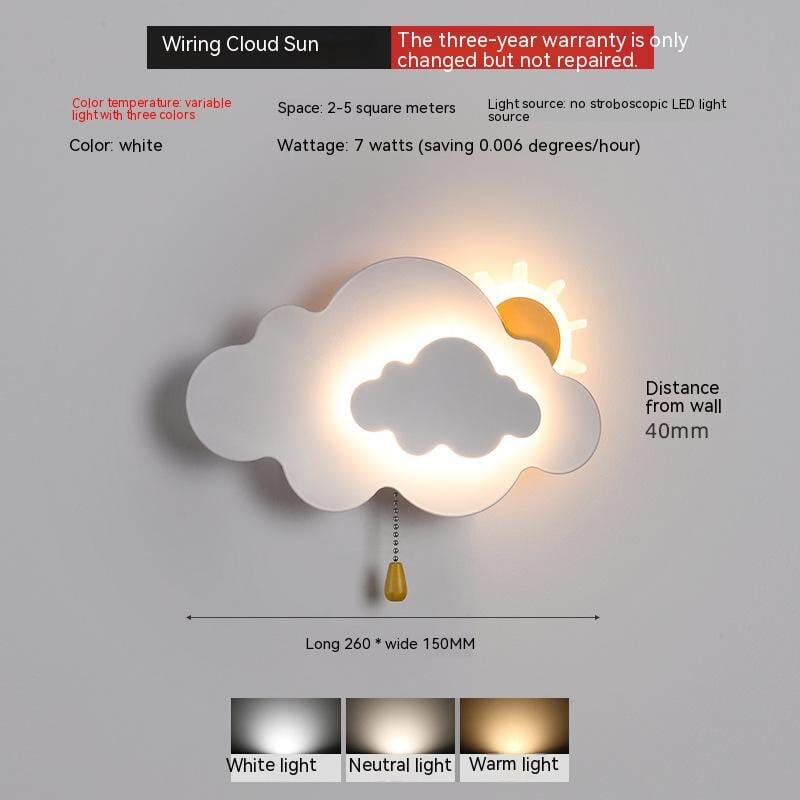 Sun Cloud Night Light Wall Lamp for Kids Room - ZENDUCE - Wiring type / 7W|Tricolor dimming