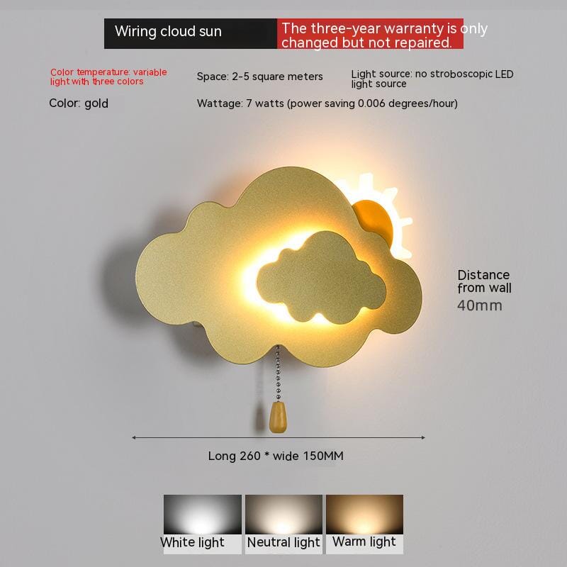 Sun Cloud Night Light Wall Lamp for Kids Room - ZENDUCE - Wiring type / 7W|Tricolor dimming