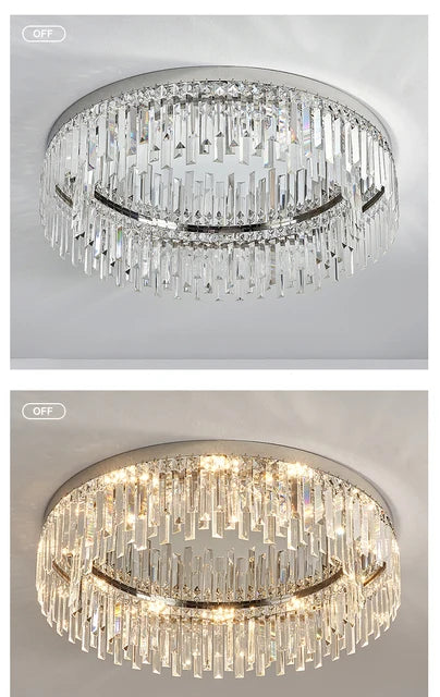 AMELIA round crystal ceiling light with chrome-finish frame, shown switched off and lit