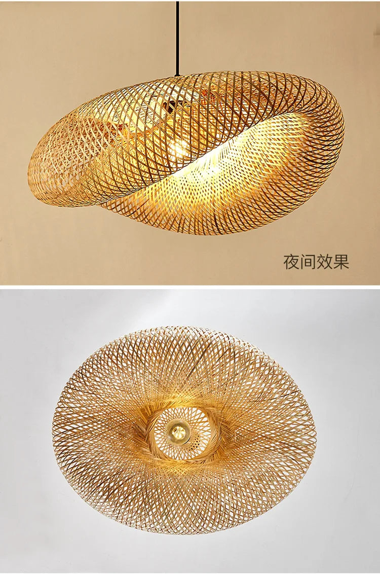 BASK woven bamboo oval shade from the side and from below, lit