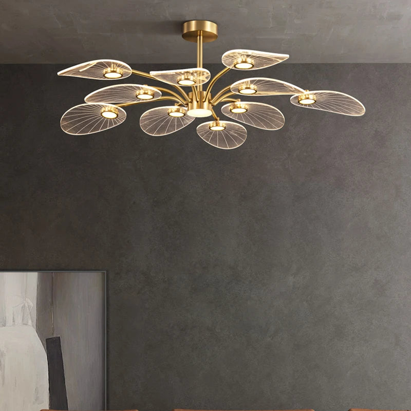 ORVIAN clear petal ceiling light, lit, against a dark gray textured wall