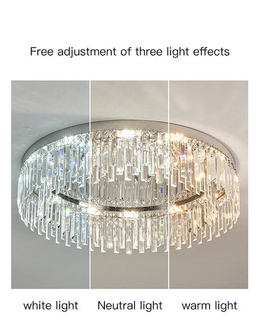 AMELIA round crystal ceiling light shown in white, neutral and warm light modes