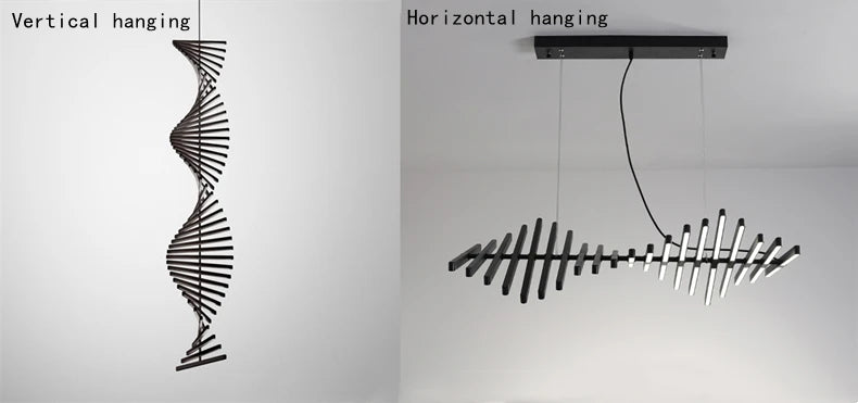 SONATA black spiral pendant shown in vertical and horizontal hanging options