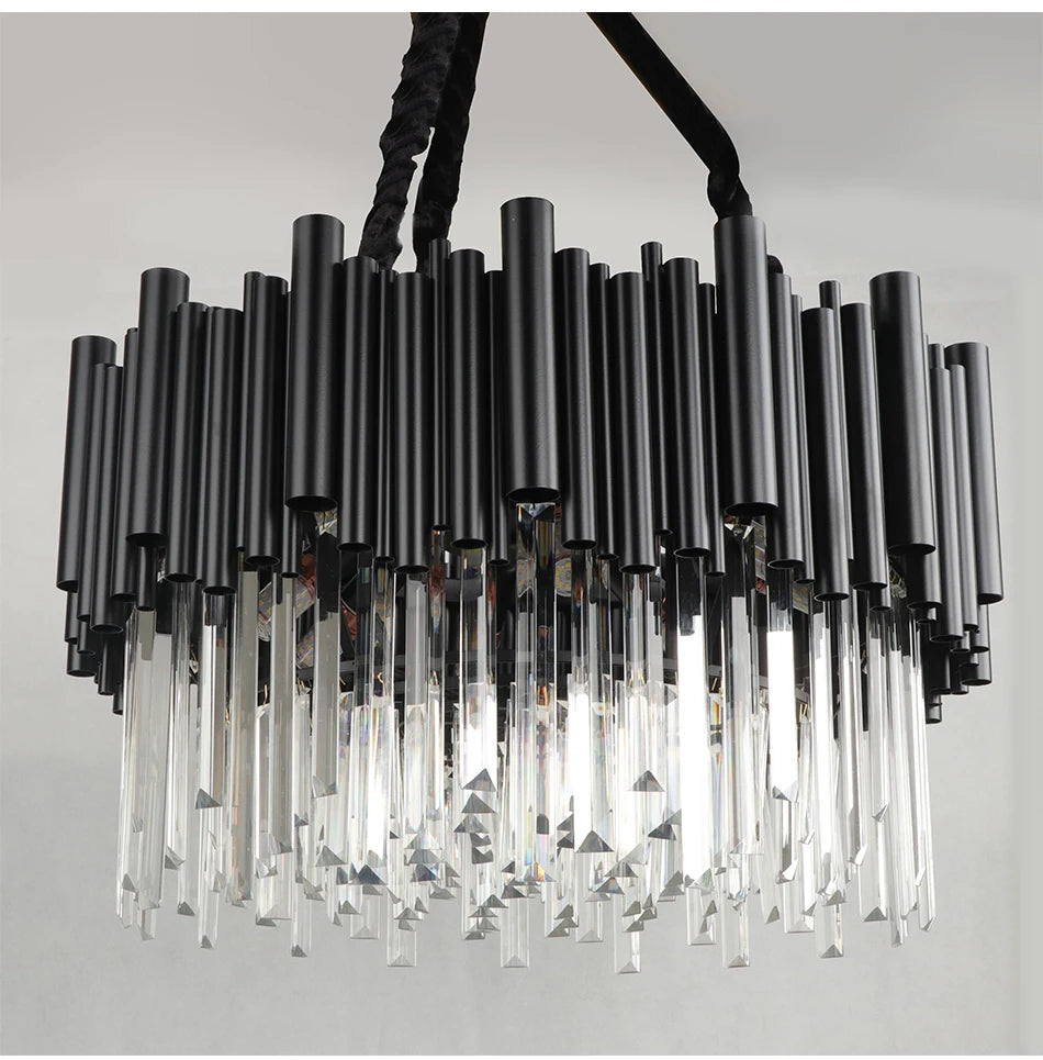 MYSTIQUE round black tube chandelier with clear crystal rods, on a black chain