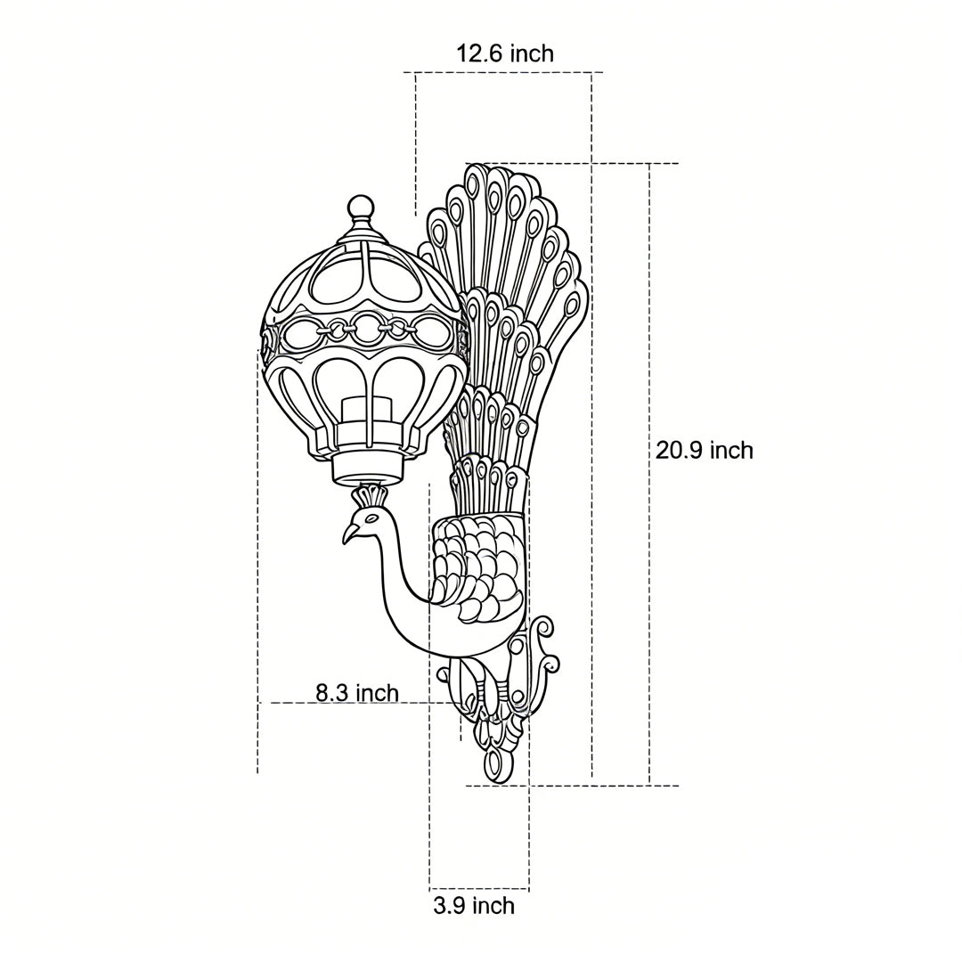 Product size chart of peacock wall light 3.9inch*20.9inch*8.3inch*12.6inch