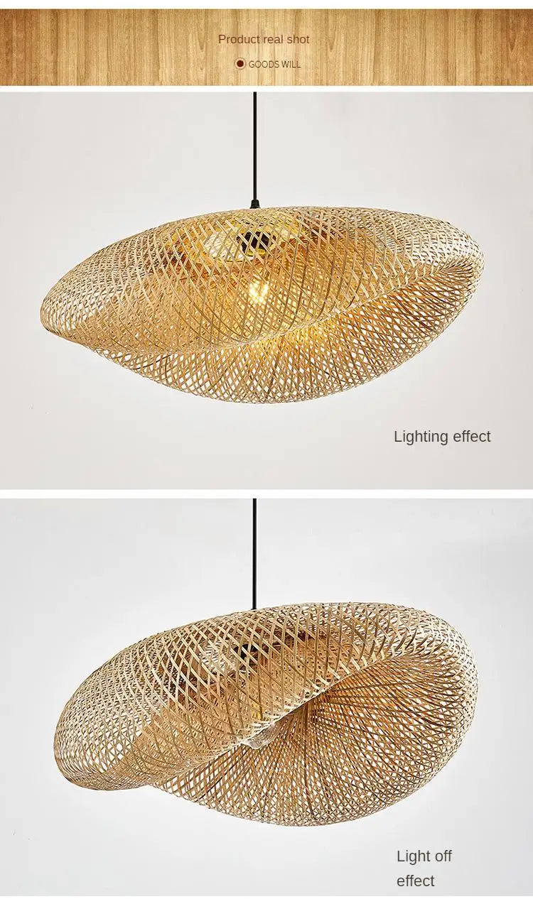 BASK oval woven bamboo pendant shown lit and unlit