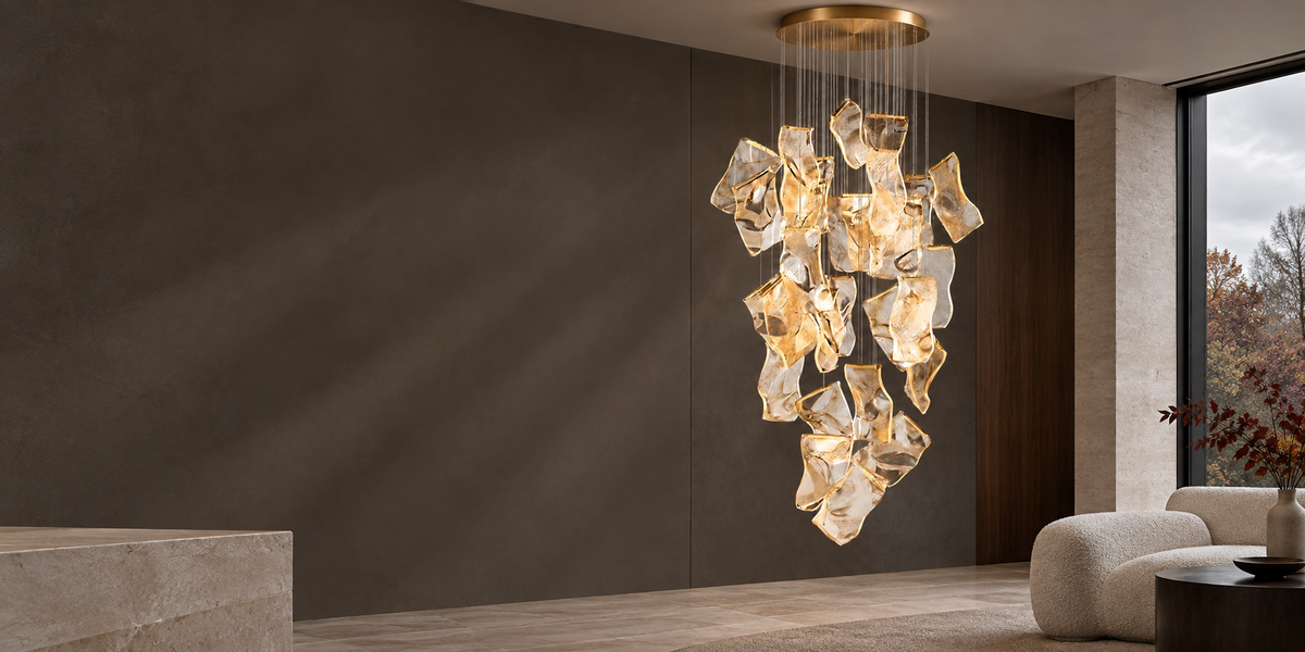Zephyr chandelier in a cool-toned architectural living room for the Fall Sale