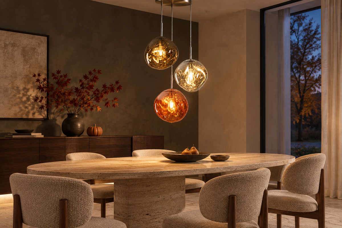 LAVA glass pendants illuminating a refined dining room with travertine, walnut and subtle autumn styling