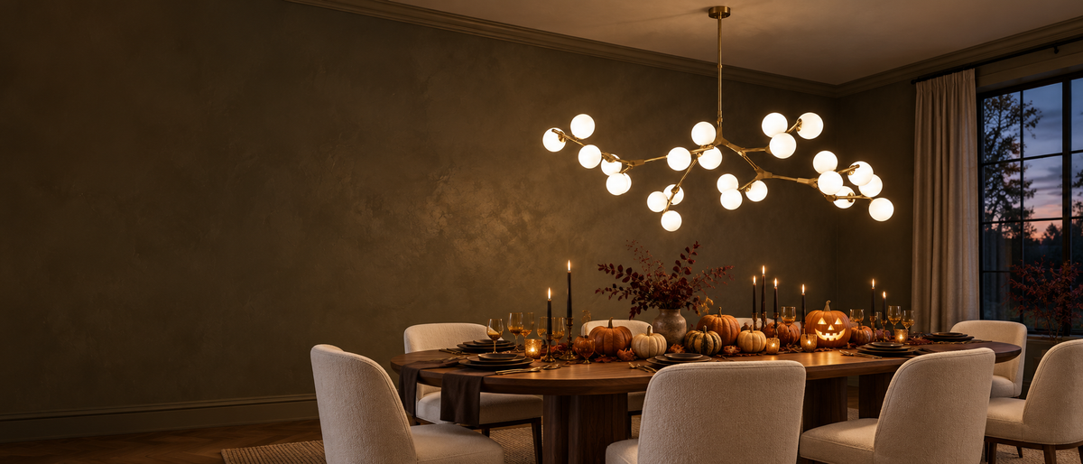 SYCAMORE brass chandelier with opal globes in an elegant Halloween dining room with candlelight and pumpkins