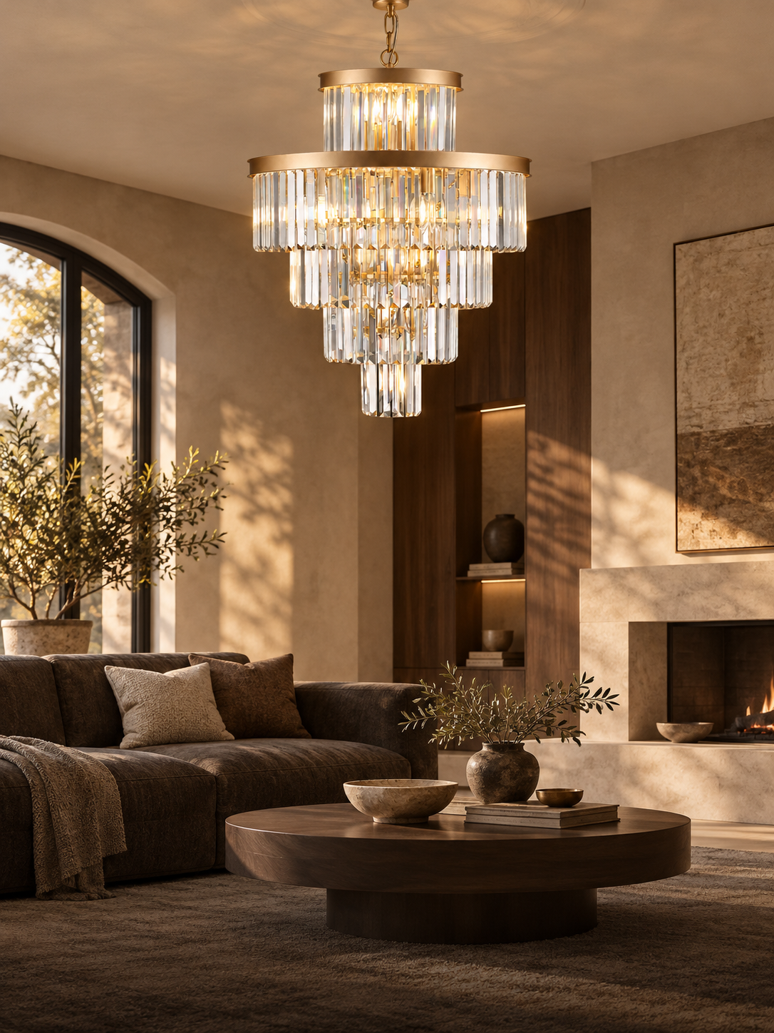 SOLVELLA gold crystal chandelier in a warm contemporary living room