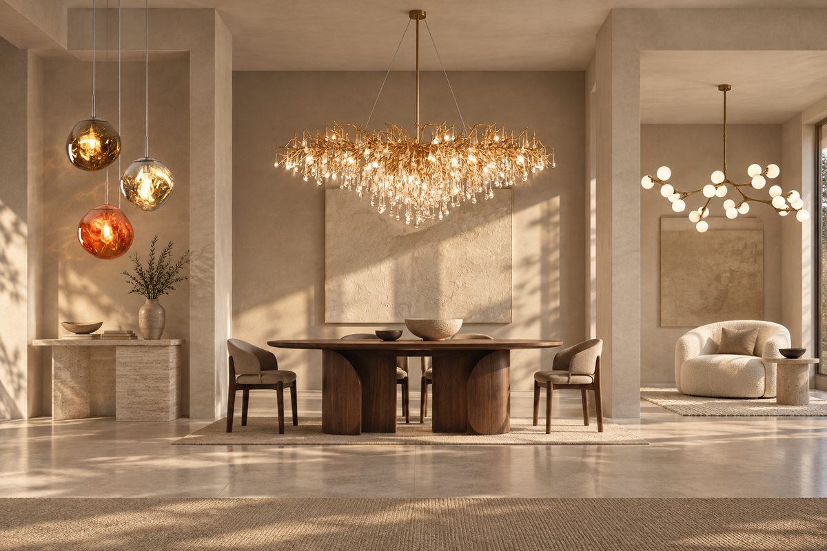 LAVA pendants, DRIBBLE crystal chandelier and SYCAMORE chandelier in a warm, sculptural interior