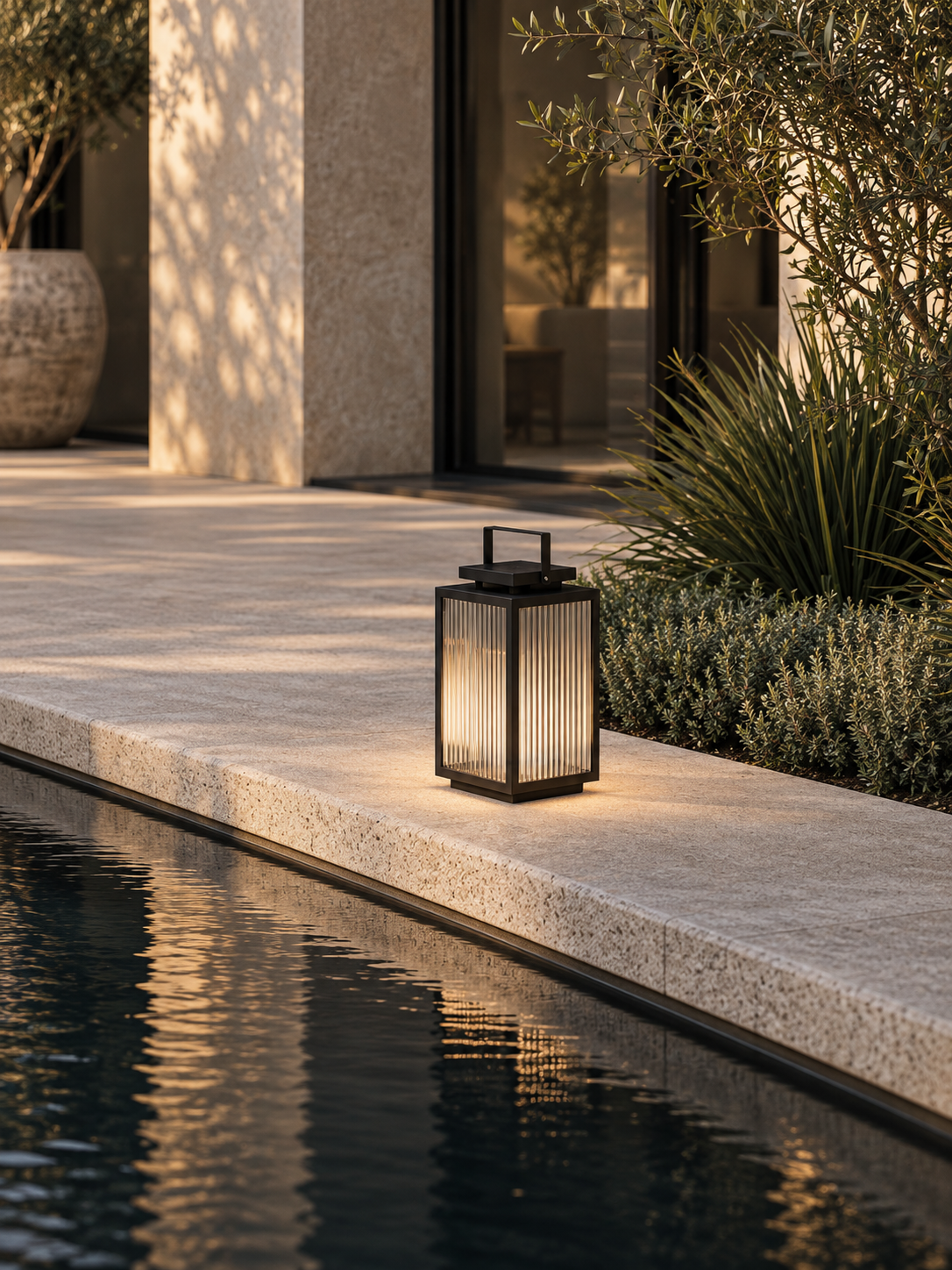 Warm glowing black fluted-glass outdoor lantern beside a pool