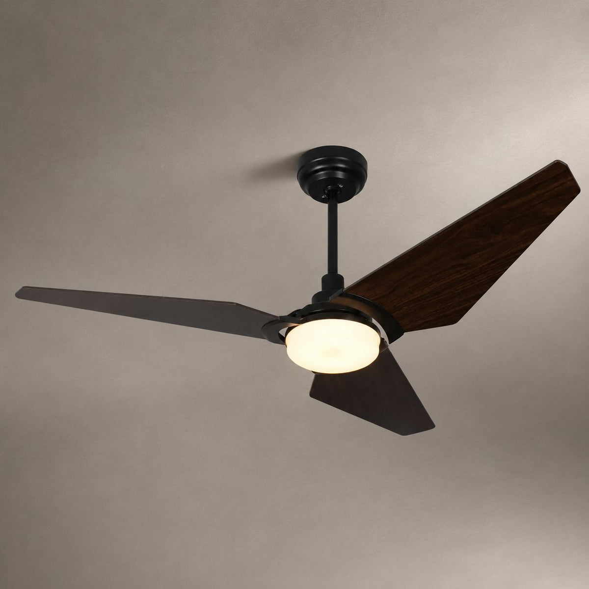 SAELIA app controlled ceiling fan on a warm gray background