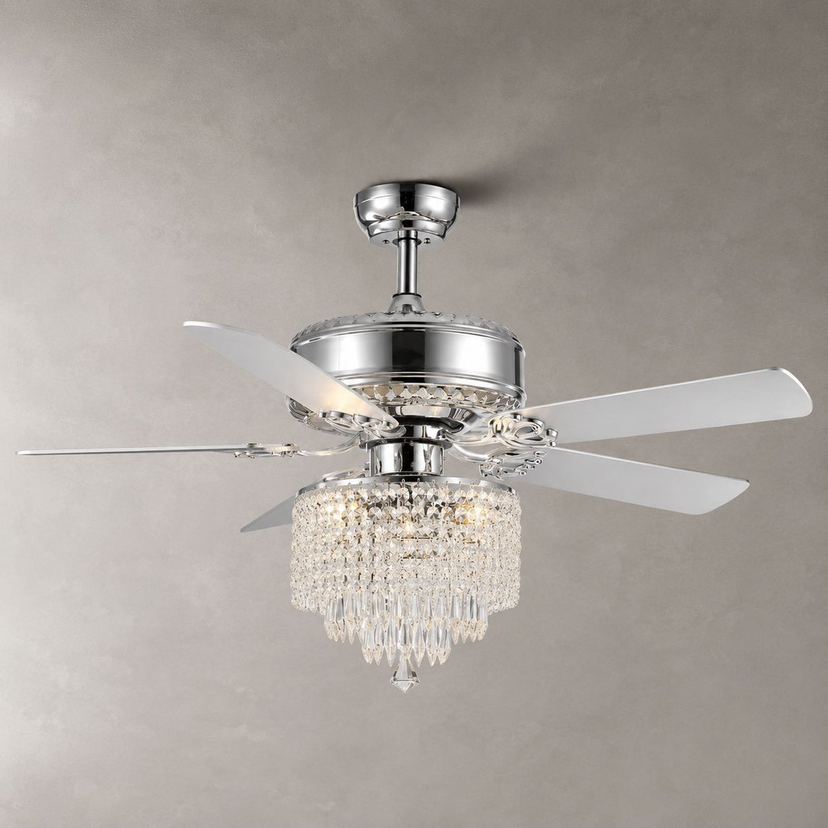 WHIRL crystal ceiling fan on a warm gray background