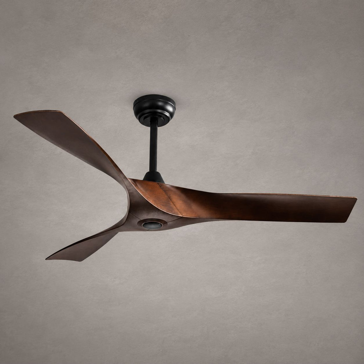 CALYRA wood ceiling fan on a warm gray background
