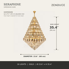 SERAPHINE 23.6 in gold dimension guide, 23.6 inch diameter and 35.4 inch body height
