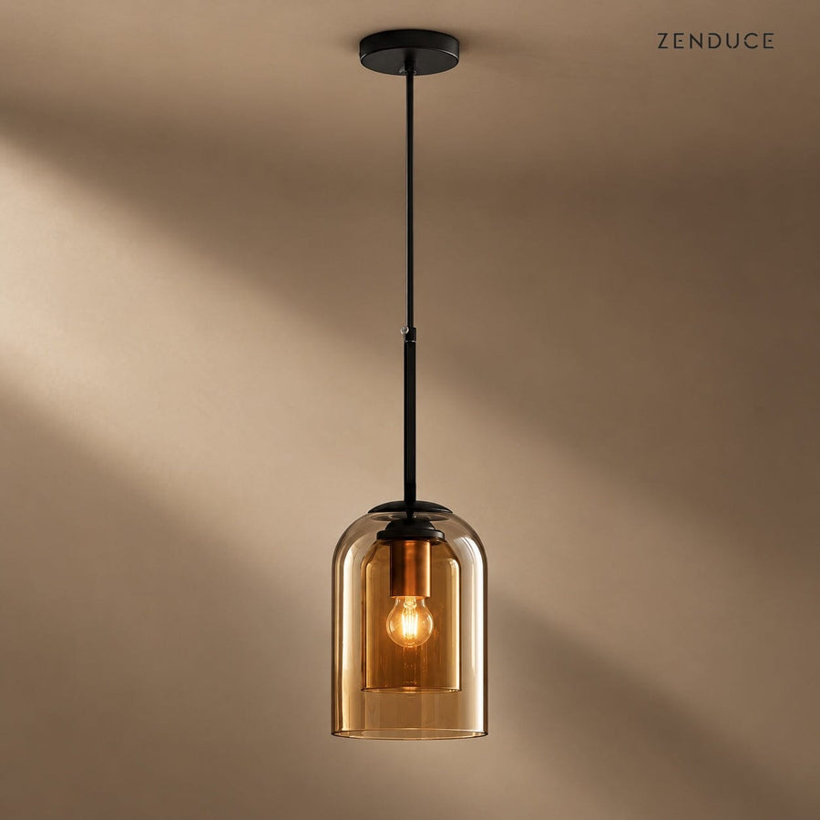 MAELLE Amber double-glass pendant with black canopy on a mushroom taupe background