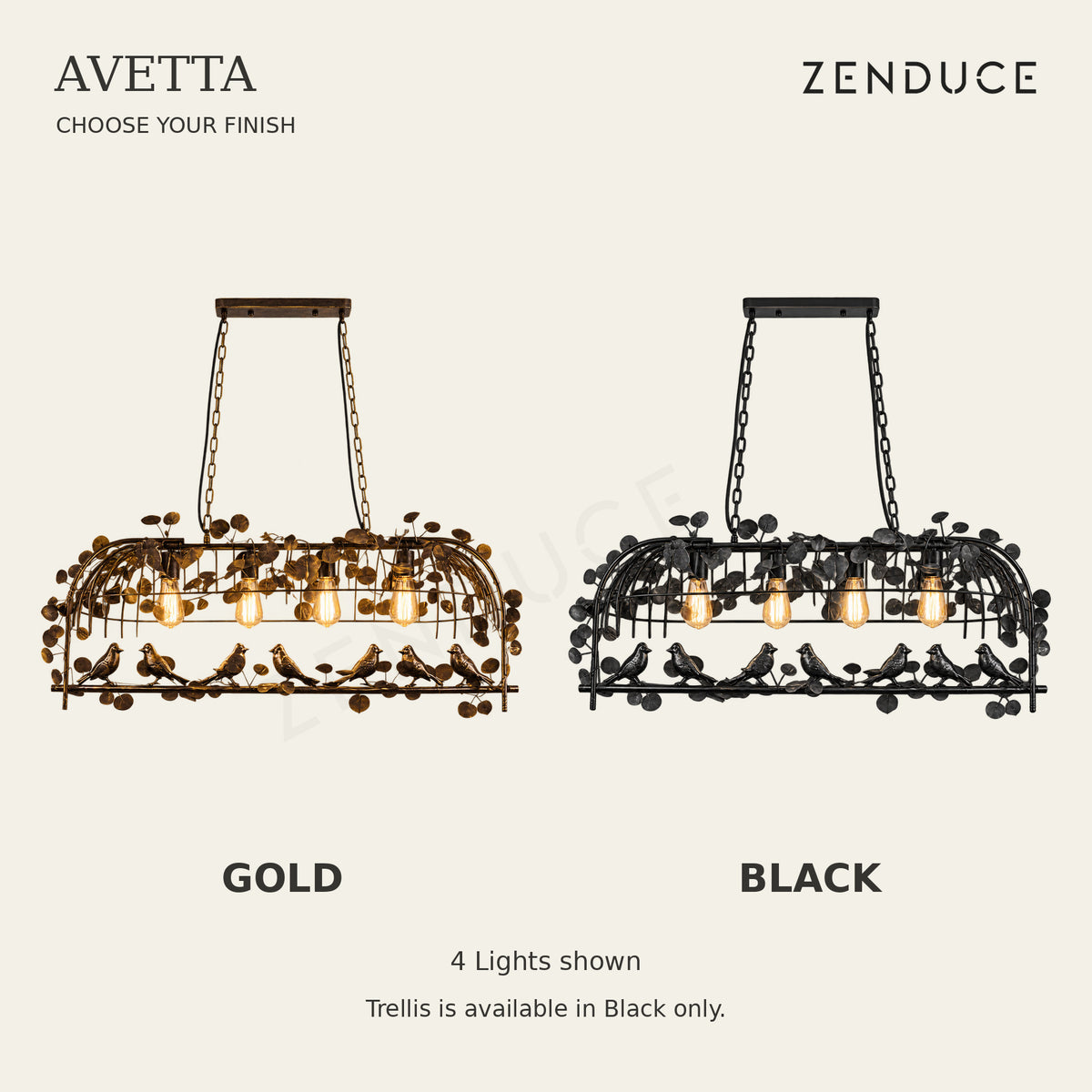 AVETTA Gold and Black finish comparison using the 4 Lights configuration