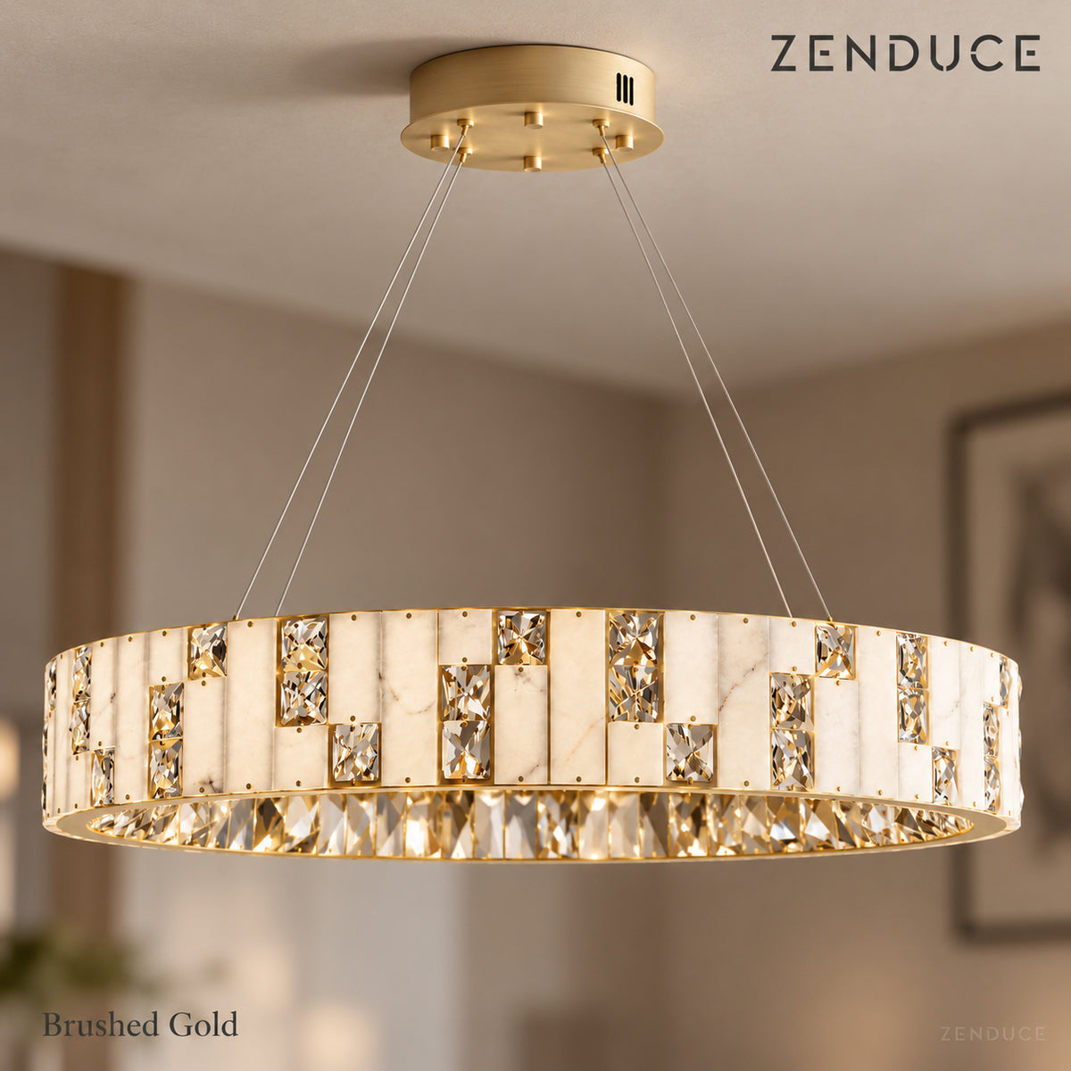 CEREN brushed-gold canopy, suspension fittings and alabaster crystal ring detail