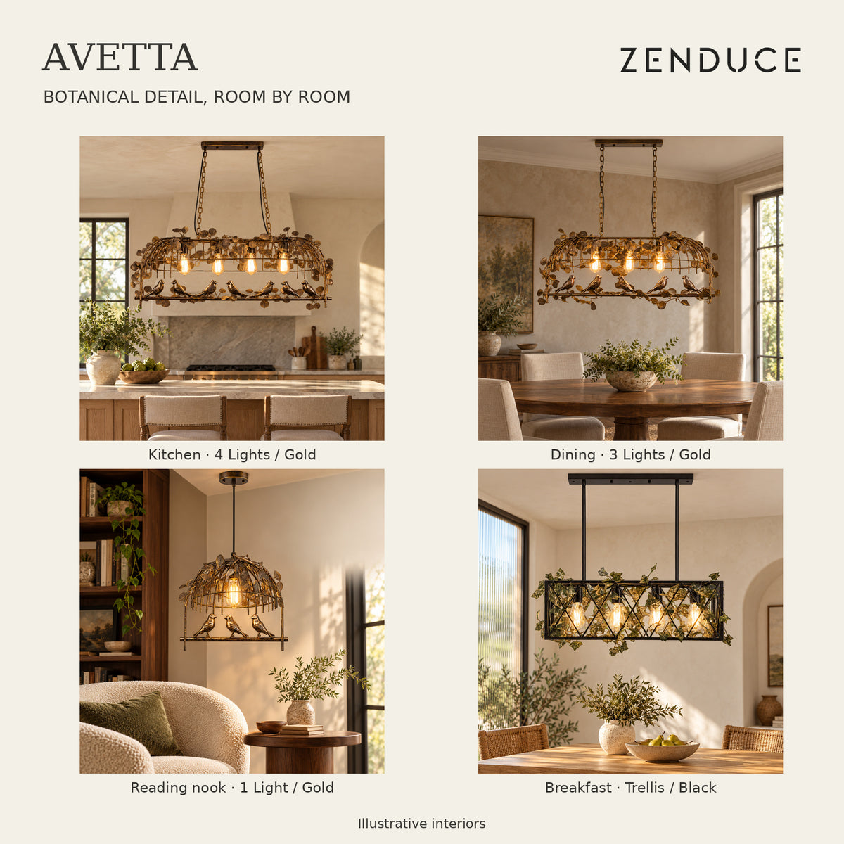 AVETTA in four illustrative interiors: kitchen, dining room, reading nook and breakfast alcove