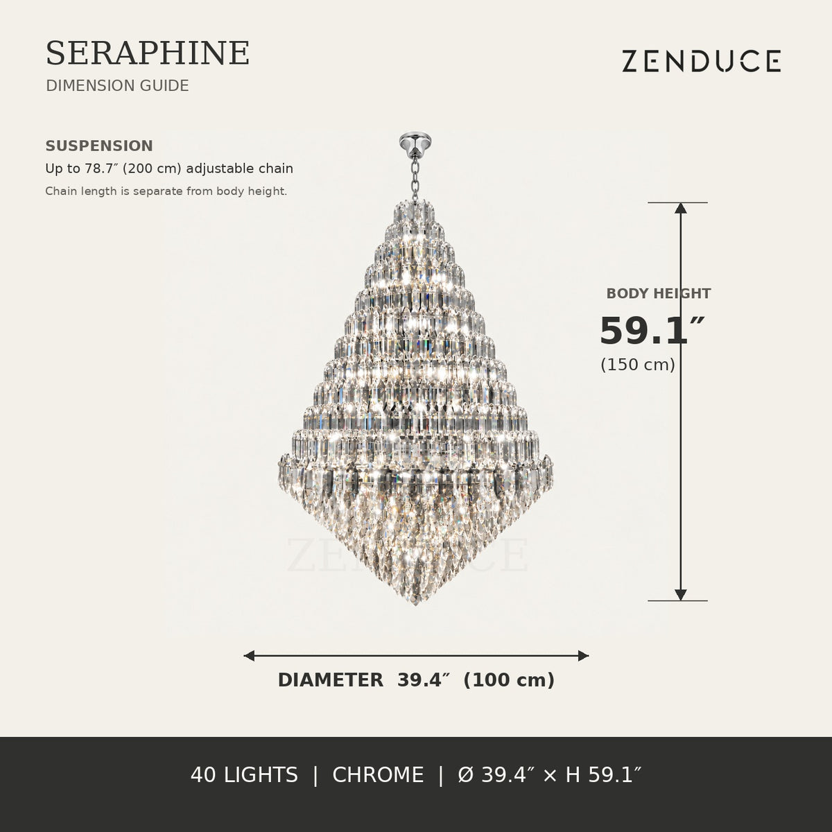 SERAPHINE 39.4 in chrome dimension guide, 39.4 inch diameter and 59.1 inch body height