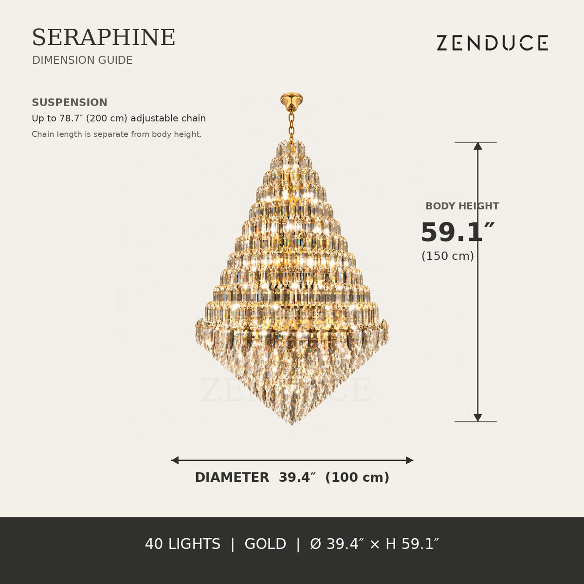 SERAPHINE 39.4 in gold dimension guide, 39.4 inch diameter and 59.1 inch body height