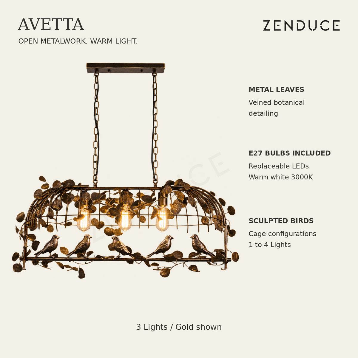 AVETTA verified features: metal leaf detailing, included warm white E27 LED bulbs and sculpted birds