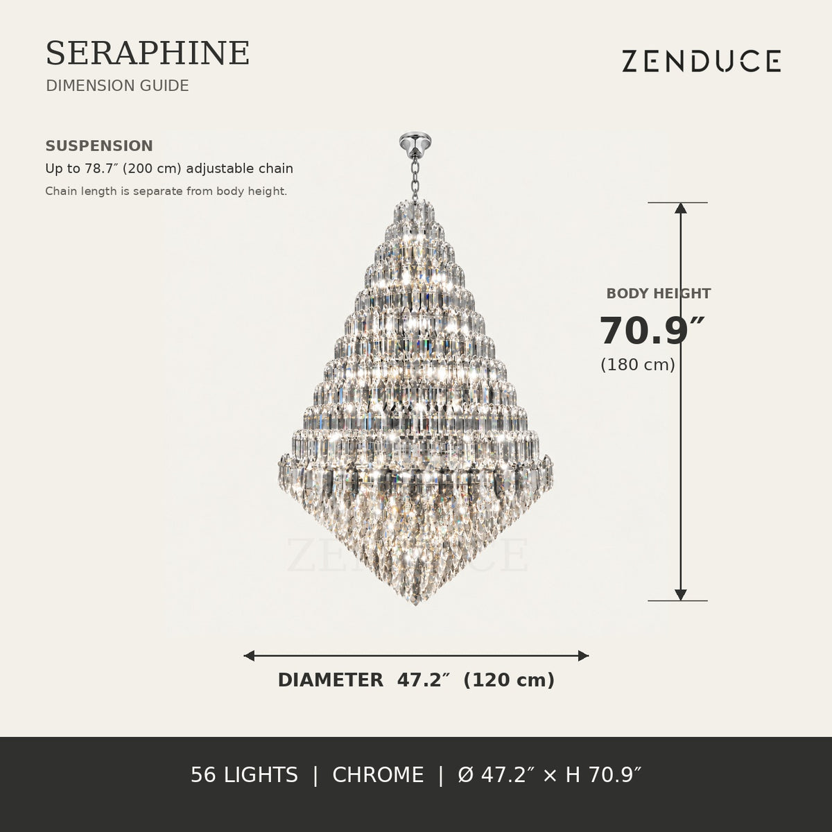 SERAPHINE 47.2 in chrome dimension guide, 47.2 inch diameter and 70.9 inch body height