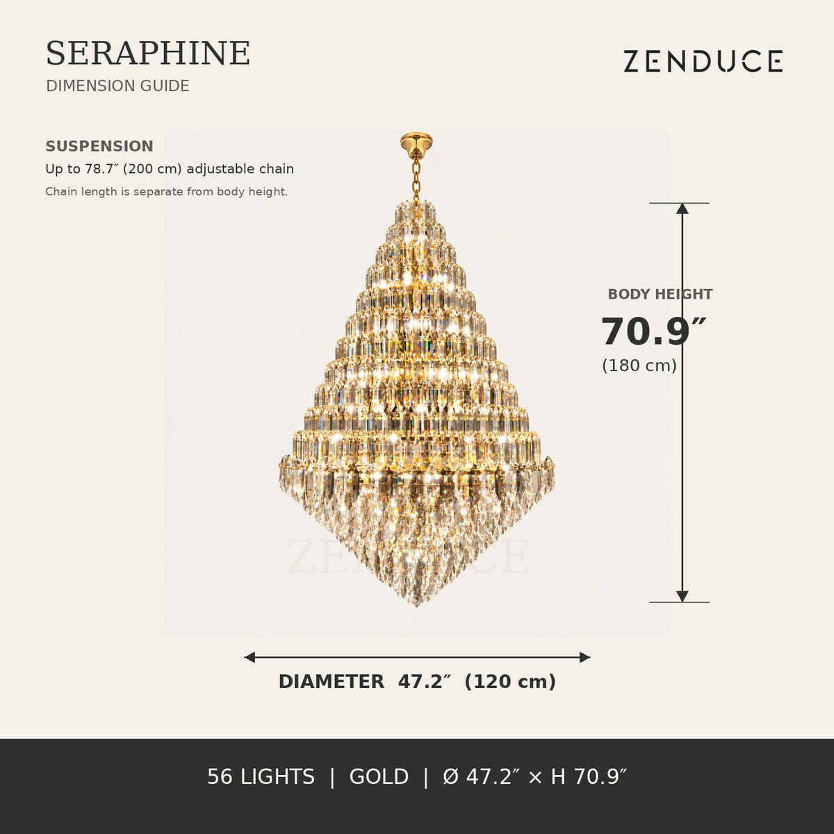 SERAPHINE 47.2 in gold dimension guide, 47.2 inch diameter and 70.9 inch body height