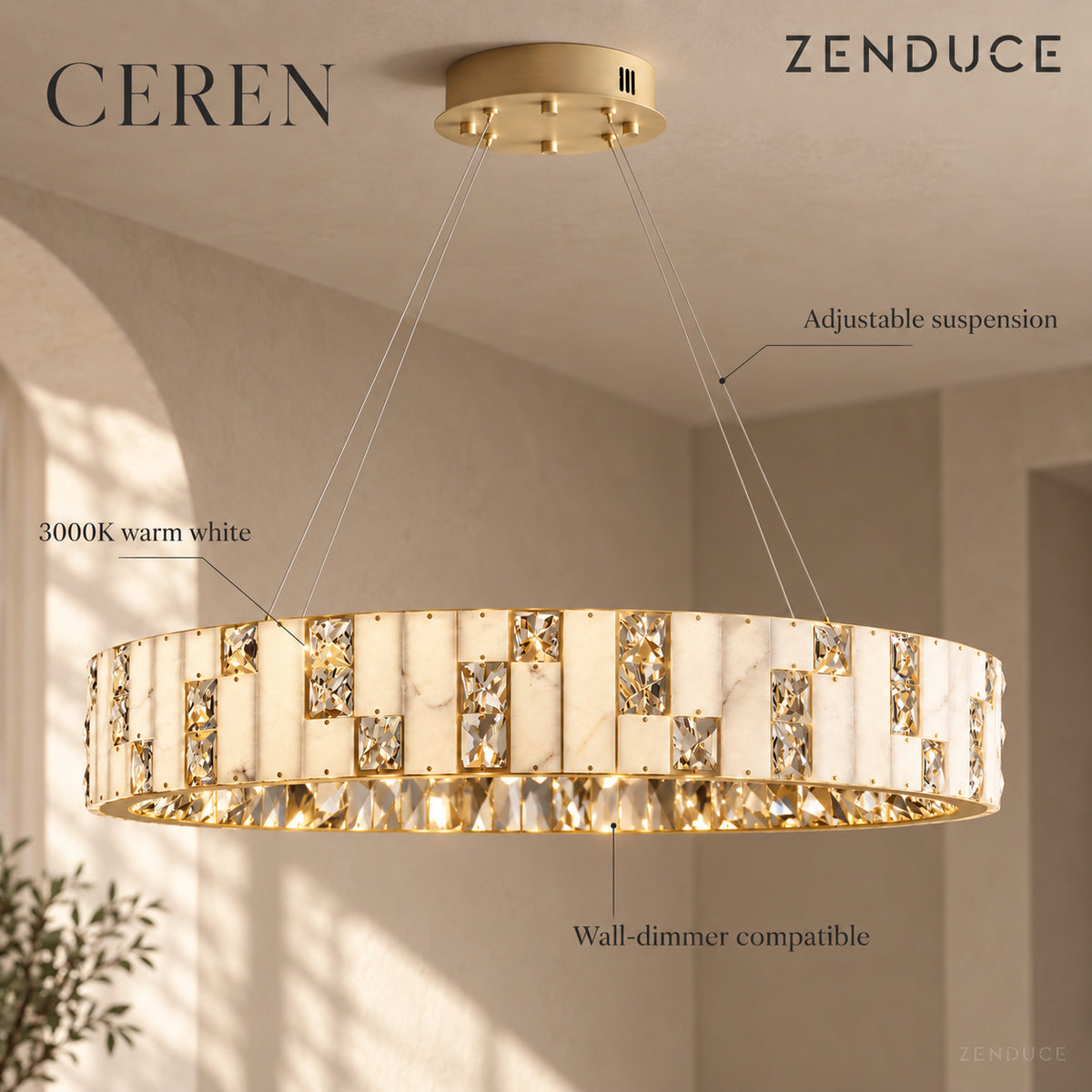 CEREN adjustable suspension, 3000K warm-white LED and wall-dimmer compatibility
