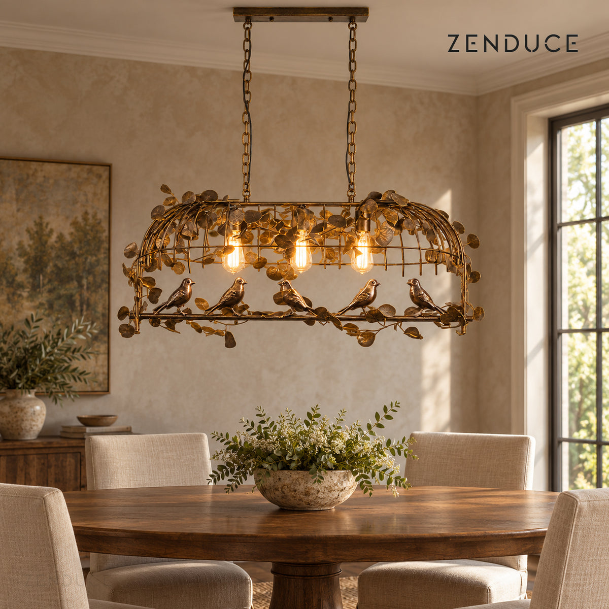 AVETTA 3 Lights Gold chandelier above a walnut dining table; illustrative interior