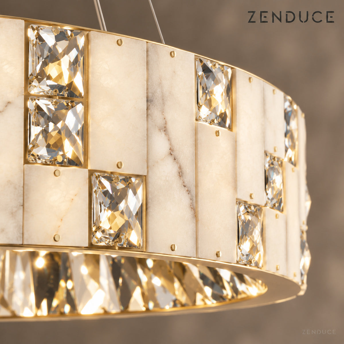 Close-up of CEREN natural alabaster veining, staggered crystal facets and gold pins