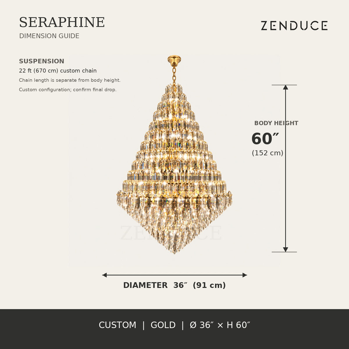 SERAPHINE Custom 36 in gold dimension guide, 36 inch diameter and 60 inch body height
