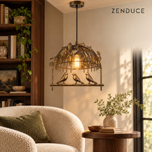 AVETTA 1 Light Gold pendant with three birds in a reading nook; illustrative interior