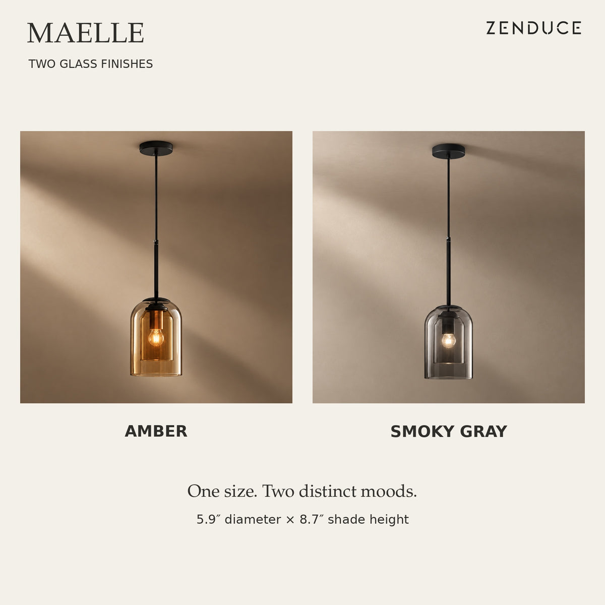MAELLE Amber and Smoky Gray finish comparison with shared shade dimensions