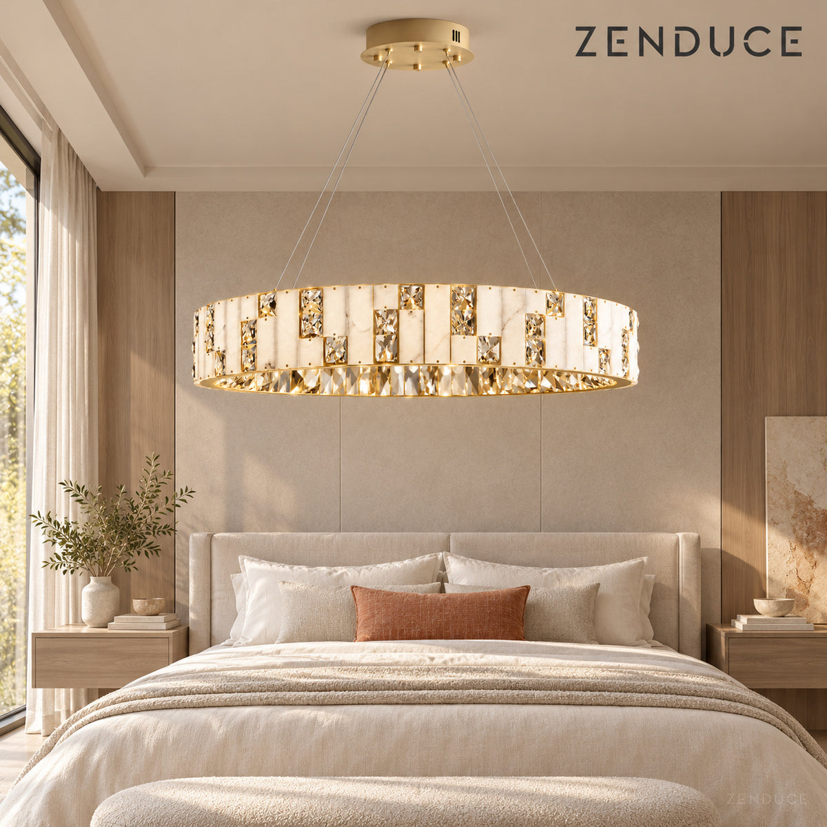 CEREN chandelier over a linen bed in a softly lit contemporary bedroom