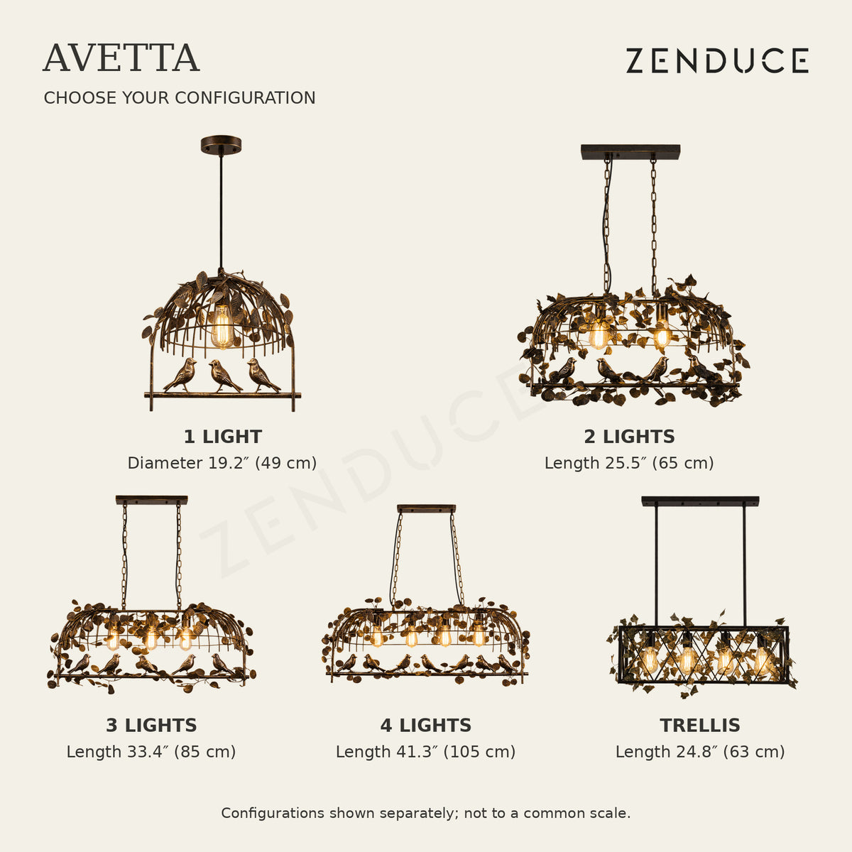 AVETTA configuration comparison: 1 Light, 2 Lights, 3 Lights, 4 Lights and Black Trellis