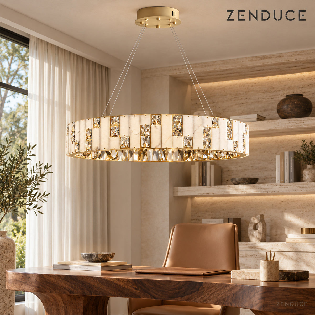 CEREN chandelier in a walnut and travertine home study