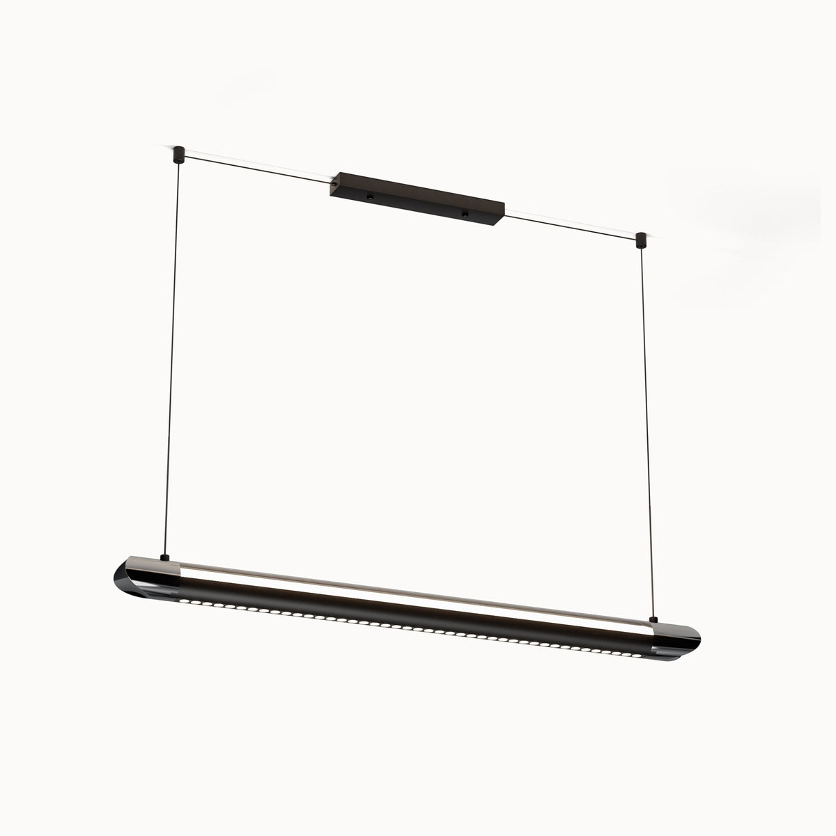 NOXVARE linear pendant illuminating a home office desk beside shelving and a window.