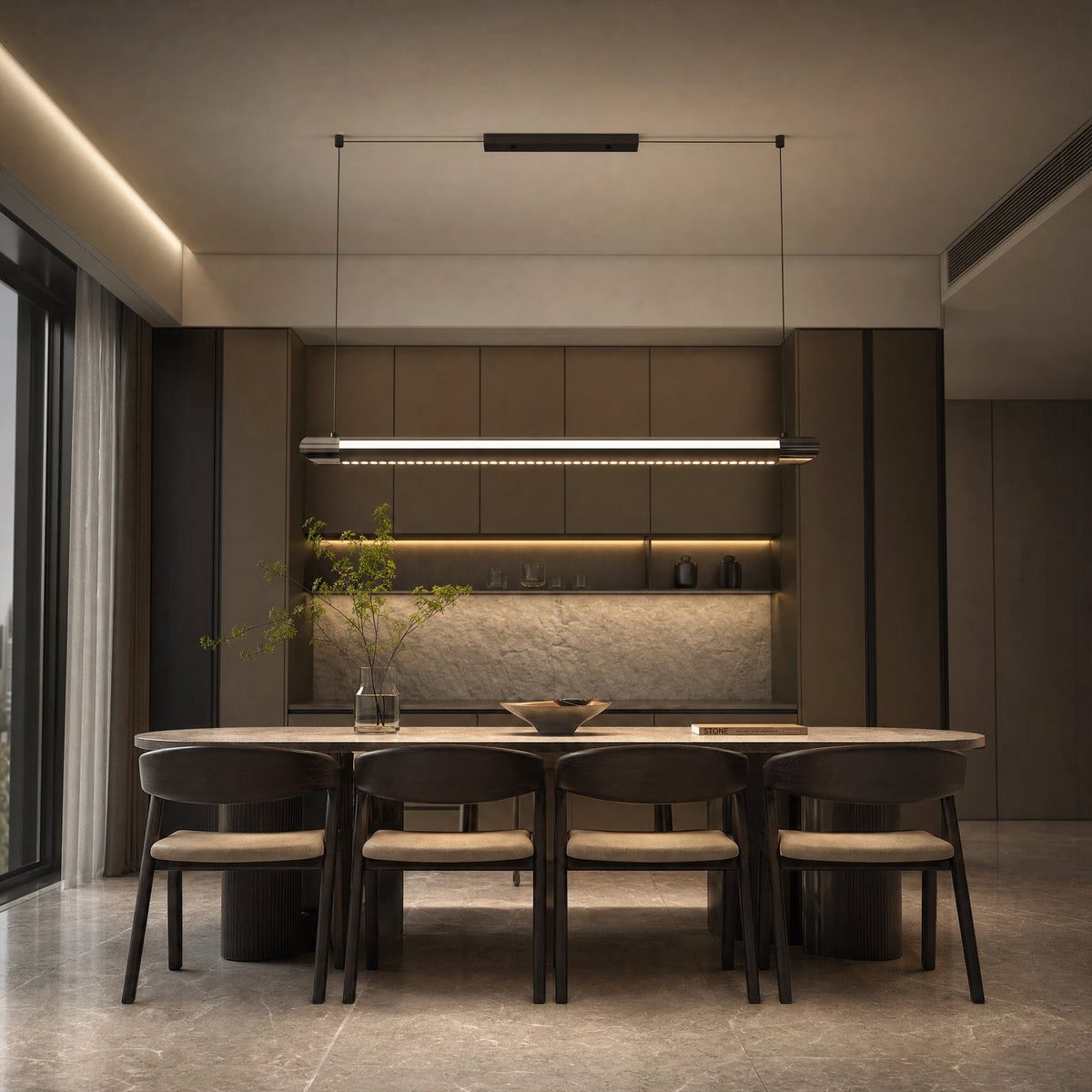 Compact-width NOXVARE black pendant isolated front-on against a gray background.