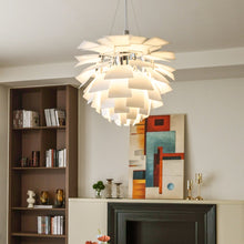 Silver SYLUNE pendant isolated front-on with its tiered sculptural shade.