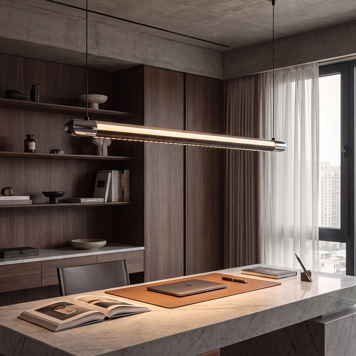 Widest NOXVARE linear pendant isolated against gray, showing its extended glossy-black bar.