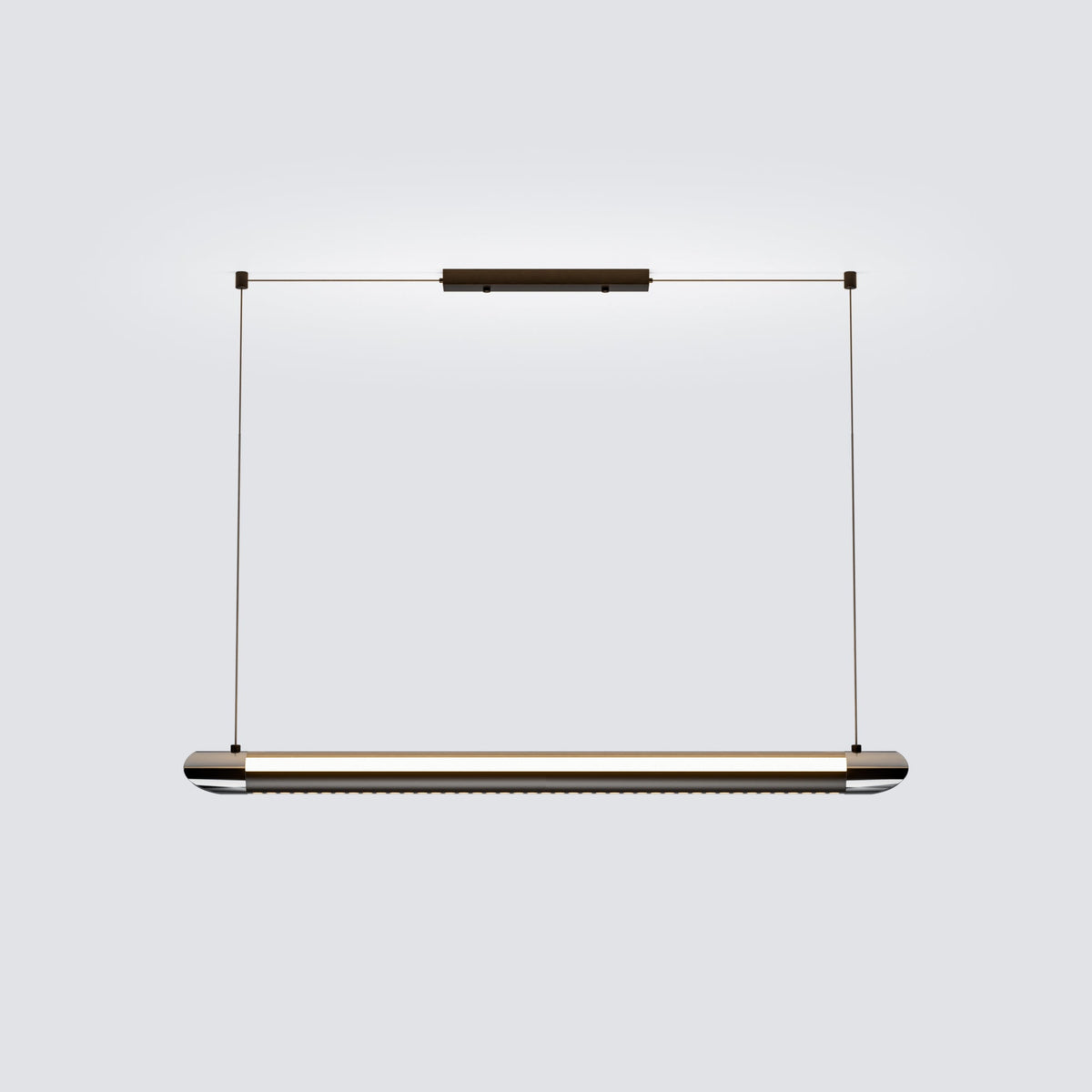 NOXVARE glossy-black linear pendant isolated at an angle with chrome end caps and twin diffusers.